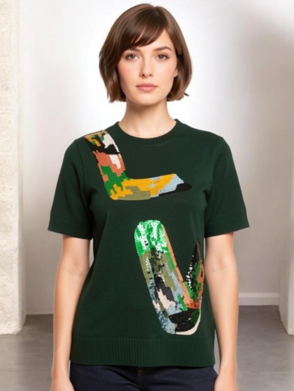 Designer Dark Green Logo LV Sequin-Accent Crew Neck Sweater